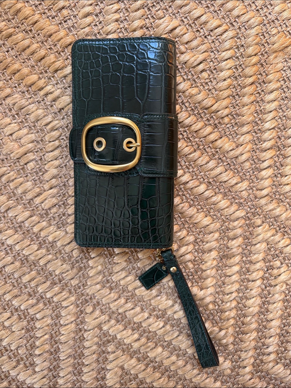 Coach Dark Green Croc-Embossed Wristlet Purse